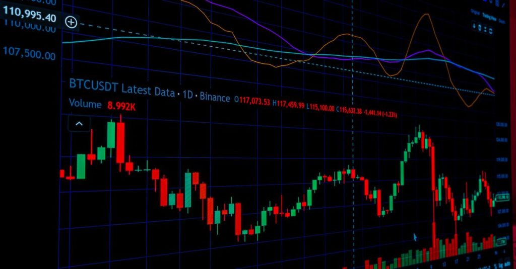 Visão detalhada de um gráfico do mercado de criptomoedas exibindo dados de análise técnica em uma tela.